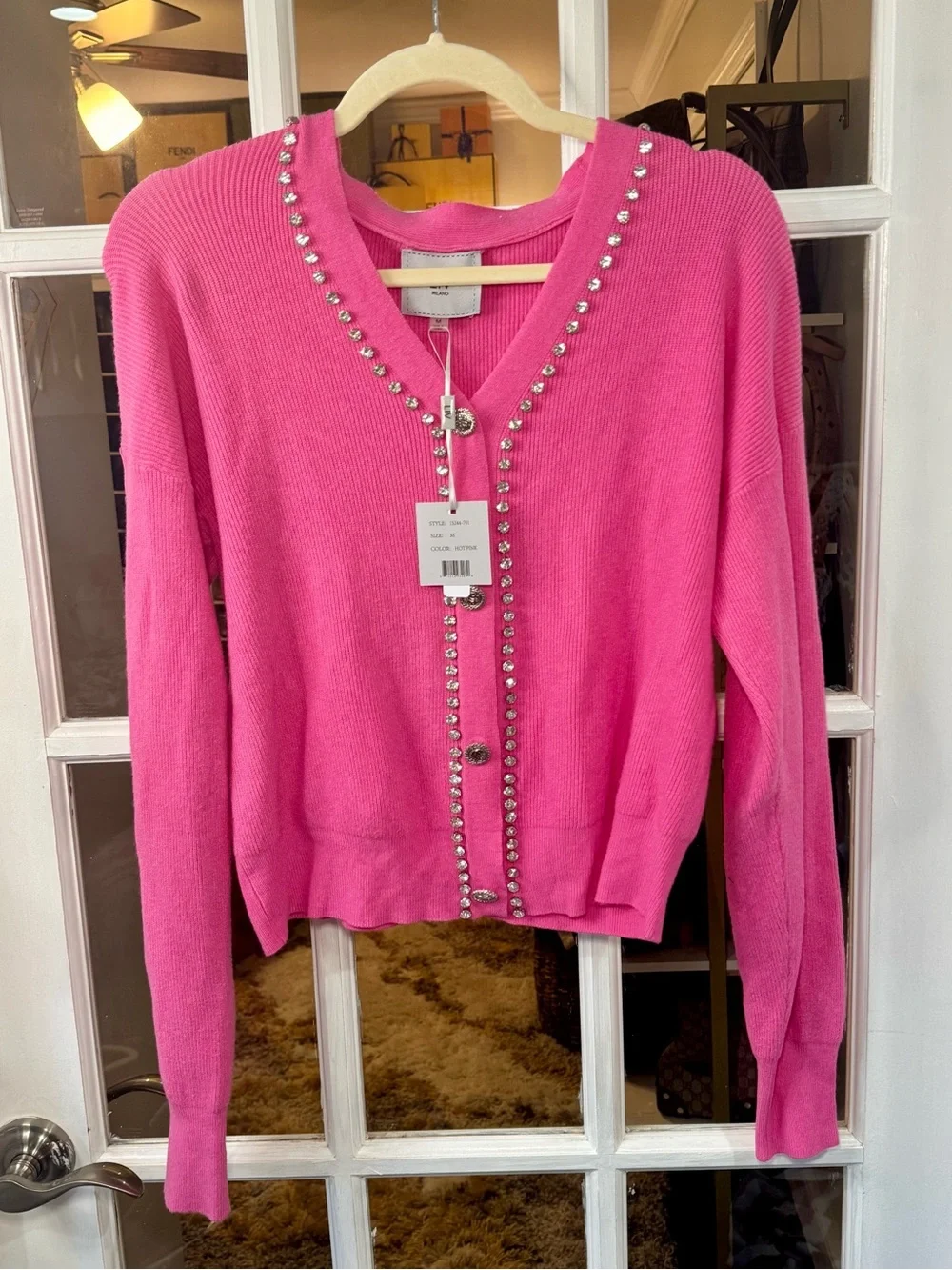🪩🩷💕 Milano Hot Pink V-Neck Crystal-Trim Bling Embellished Cardigan Sweater 💕🩷🪩 - Picture 2 of 9